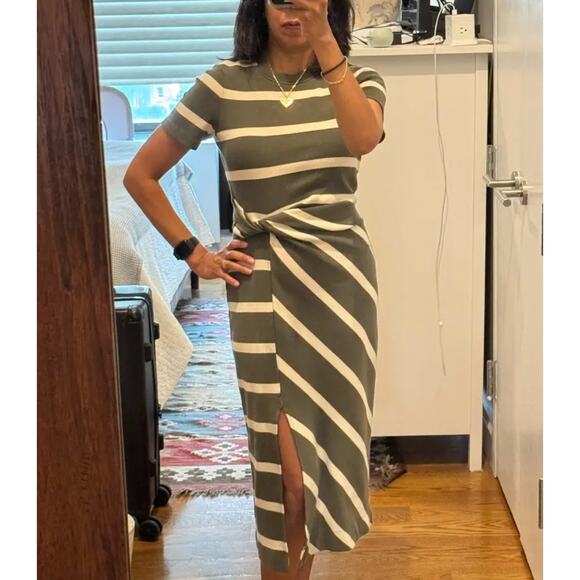 Tanya Taylor Olive Striped Dress LARGE Cotton Knit Work Career Designer $355 - Picture 3 of 13